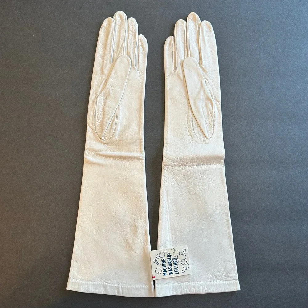 Vintage White French‎ Kid Skin Leather Gloves  Washable NOS